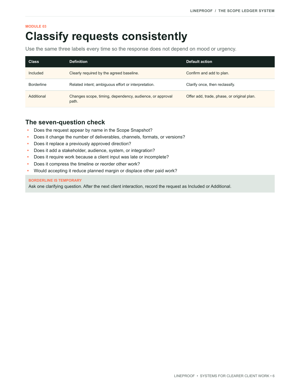 Page from the Scope Control Playbook showing the three request classes and seven-question classification check